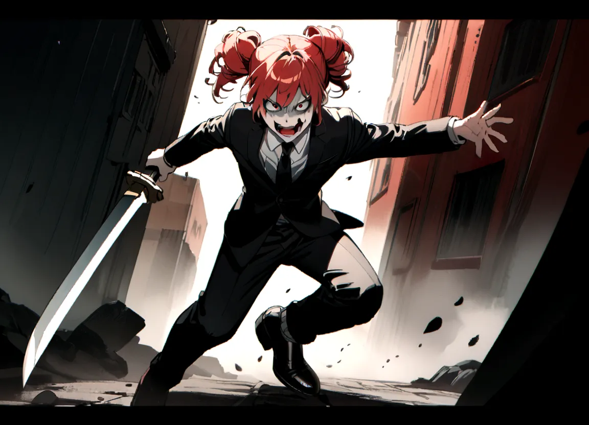 red hair、black suit、black slacks、wearing leather shoes、holding a sword、scary face