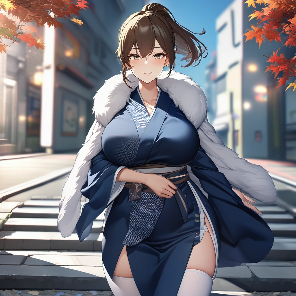 a woman wearing blue yukata with white details, red flowers on the kimono, long white stockings, white fur cape, brown eyes, brown hair, ponytail hair, walking on a sidewalk in autumn weather, big breasts, smiling,close view, UHD , work- prime, precise, anatomically correct, textured skin, super details, high quality, best quality, 8k, high resolution, bokeh effect. (woman alone)
