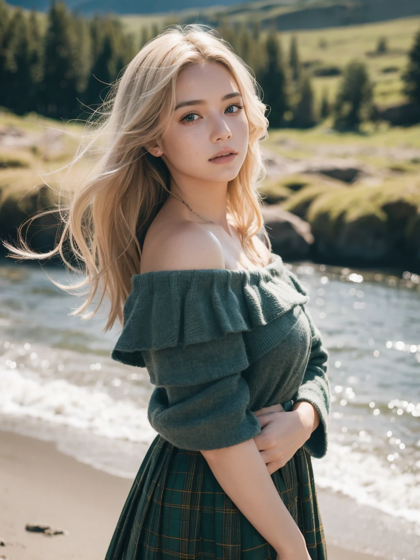 Foto gewann Best Quality Masterpiece Upper Body Woman Freckles Face Blonde Windblown Blonde Emerald Eyes Off Shoulder Dress Modern Jeremy Lipking von Antonio J. Alexis Author：Lee Jeffries Nikon D850 Film Stockfotografie 4 Kamera Kodak Portra 400 Objektiv f1.6 satte Farben realistische Texturen surreale dramatische Beleuchtung unwirkliche Mechanik Trend auf Artstation Cinestill 800,  Fischaugenlinse, Kilt-Stil, Windiger Strand, Schottischer See, Wald