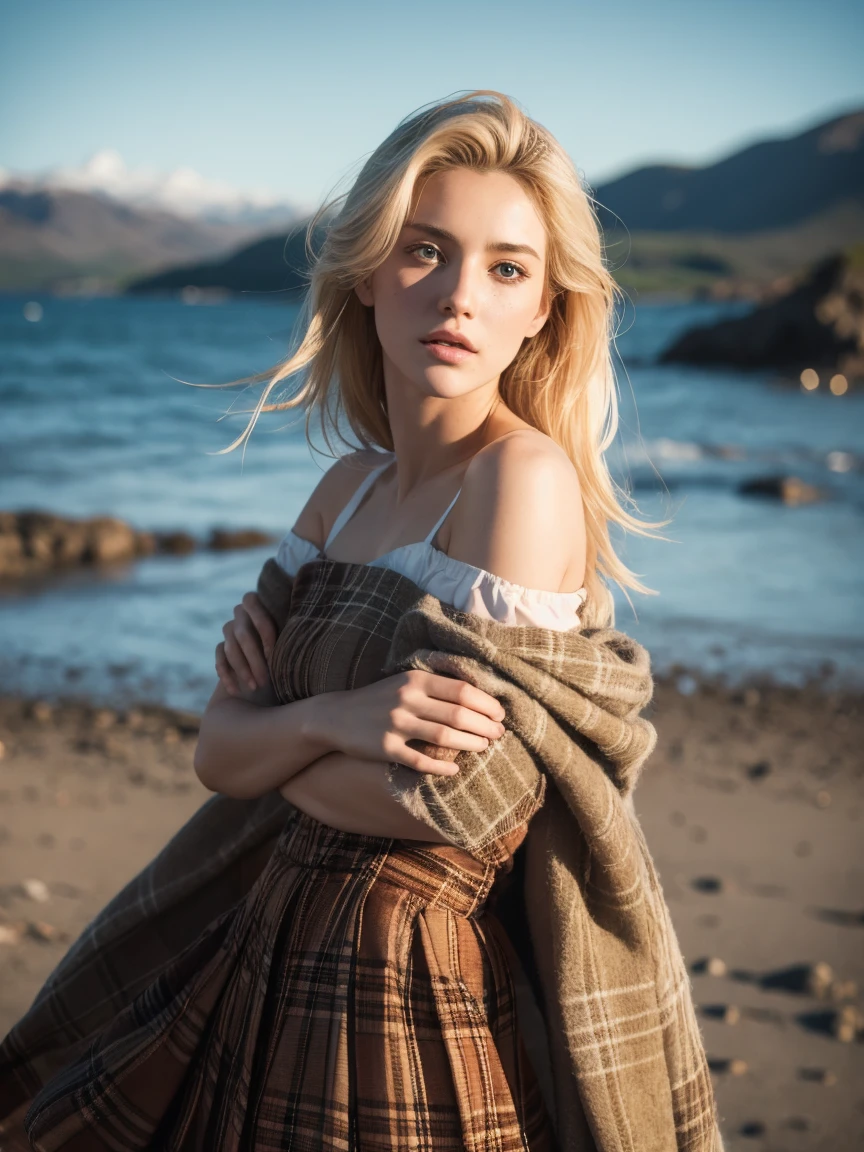 Foto gewann Best Quality Masterpiece Upper Body Woman Freckles Face Blonde Windblown Blonde Emerald Eyes Off Shoulder Dress Modern Jeremy Lipking von Antonio J. Alexis Author：Lee Jeffries Nikon D850 Film Stockfotografie 4 Kamera Kodak Portra 400 Objektiv f1.6 satte Farben realistische Texturen surreale dramatische Beleuchtung unwirkliche Mechanik Trend auf Artstation Cinestill 800,  Fischaugenlinse, Kilt-Stil, Windiger Strand, Schottischer See, Wald