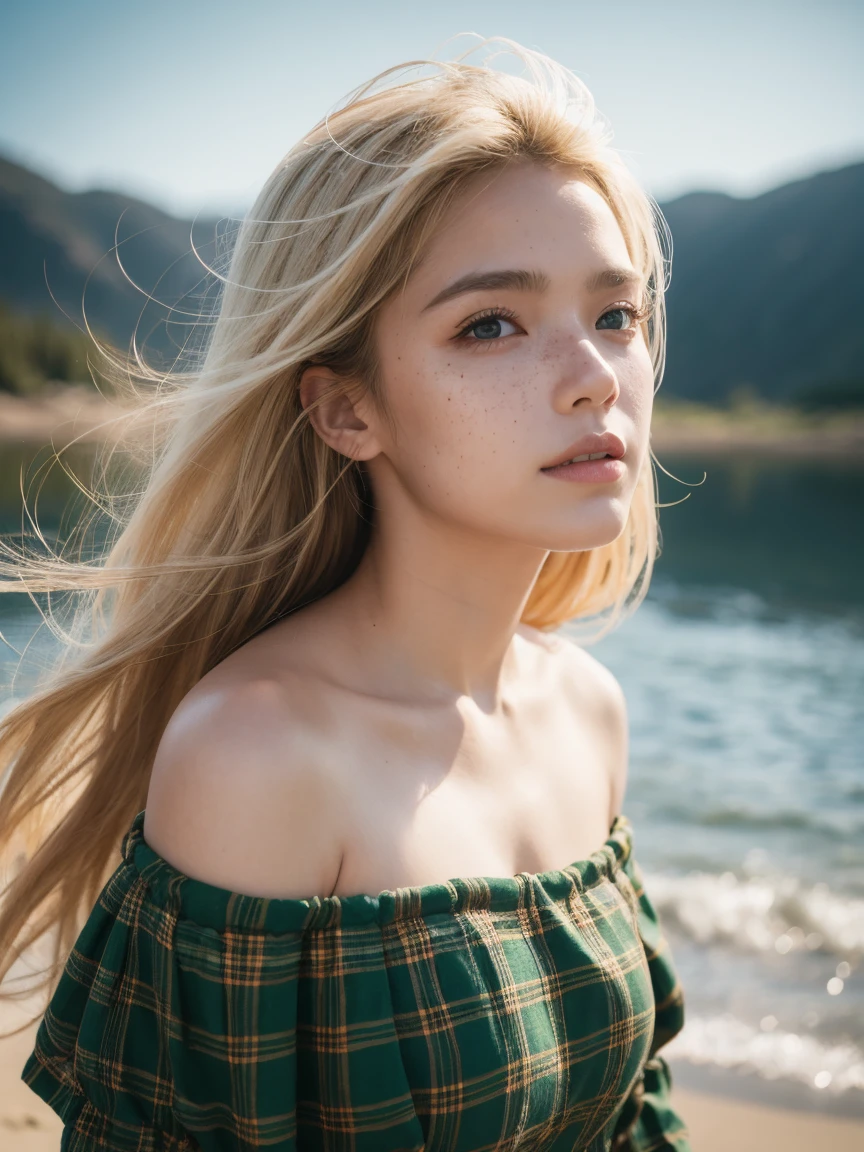 ภาพถ่ายที่ชนะรางวัล Best Quality Masterpiece Upper Body Woman Freckles Face Blonde Windblood Blonde Emerald Eyes Off Shoulder Dress Modern Jeremy Lipking by Antonio J. อเล็กซิส ผู้เขียน：lee jeffries Nikon d850 ฟิล์ม ถ่ายภาพสต็อก 4 กล้อง Kodak portra 400 เลนส์ f1.6 สีที่สมจริง พื้นผิวเหนือจริง แสงที่น่าทึ่ง กลไกที่ไม่สมจริง เทรนด์ใน artstation cinestill 800,  เลนส์ฟิชอาย, กระโปรงสั้นสไตล์, ชายหาดที่มีลมแรง, ทะเลสาบสก็อต, ป่า