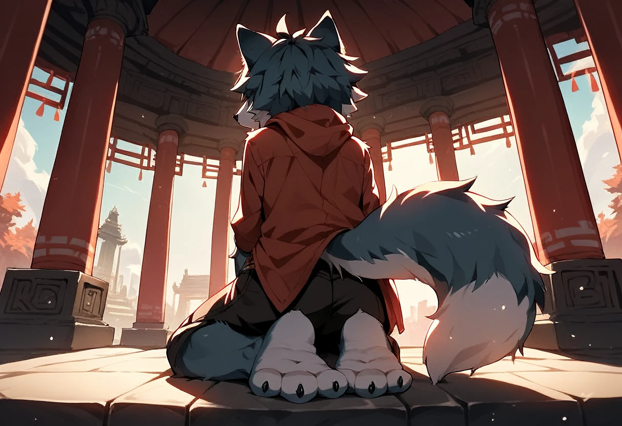 score_9, score_8_up, score_7_up, score_6_up, source_anime, rating_safe, furry female, solo, dagasi_style,, furry, temple, wolf boy, sitting, low view, from behind, soles at spectator, showing soles, grinning, paws, 3 toes, barefoot, paws