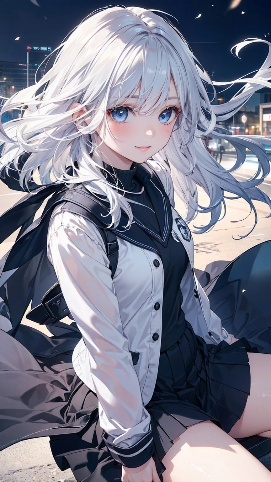 (One girl, with blue eyes and white hair, 28 years old:1.3), (Realistic:1.4), (masterpiece, highest quality, highest quality, Official Art), Very detailed, Most detailed, (Super detailed), ((Very delicate and beautiful)), Cinematic Light, (Realistically:1.3), (Highly detailed skin:1.2), High resolution, 8k UHD, 4K, 8k, Bokeh, Digital single-lens reflex camera,（Cute older sister:1.3）、Long eyelashes、Slanted Eyes、smile,Spring atmosphere、noon、Aggressive、((Strong winds))、Black knee-high socks、 Dynamic Angle, From above, Small breasts, V-neck, Spread your legs a little、Henry Shirt、skirt、Silver Hair、shy