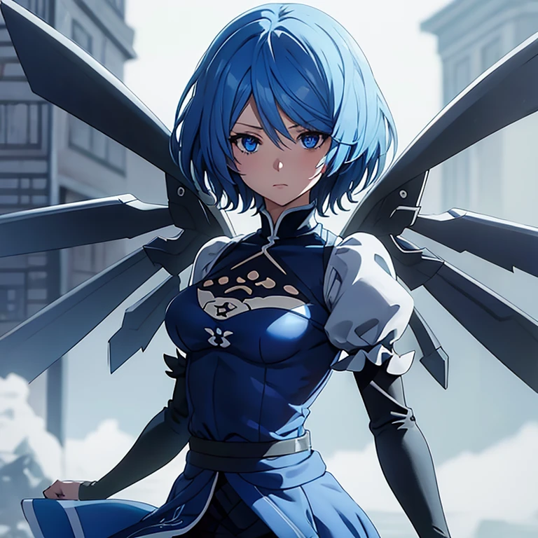 1 girl, solo, cirno, touhou, masterpiece, detailed, short blue hair, blue hair bow, blue eyes, 2b costume, ice wings, wide shot