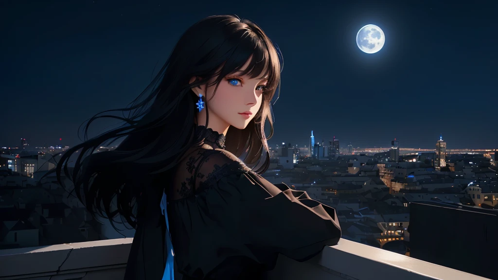 Ultra-détaillé, Beaux yeux, Yeux détaillés, visage détaillé, Ultra-détaillé, Beaux yeux, cheveux noirs mi-longs, prise de vue en grand angle, Femme aux beaux yeux bleus, regarder le paysage nocturne de la ville une nuit, profil, robe ample décontractée noire, appuyé contre le mur, fond bleu profond, clair de lune, lumières fantastiques des bâtiments et des bâtiments, (((Monde avec fond bleu))), ((les lumières de la ville brillent magnifiquement)), se brouiller, Composition comme une scène de film, chef-d&#39;œuvre, meilleure qualité, Haute résolution, 16k