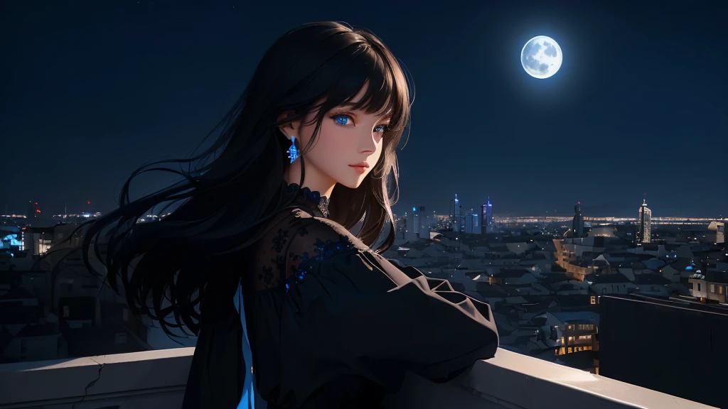 ultra-detailed, beautiful eyes, detailed eyes, detailed face, ultra-detailed, beautiful eyes, Black medium hair, high angle shot, Woman with beautiful blue eyes, looking at the city nightscape on a  night, profile, black casual loose-fitting dress, leaning against the wall, deep blue background, moonlight, fantastic lights of buildings and buildings, (((World with blue background))), ((city lights shining beautifully)), blur, Composition like a scene from a movie, master piece, best quality, high resolution, 16k