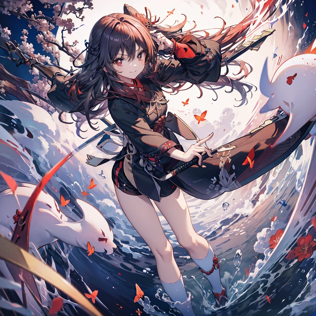 ((High resolution　Redhead　Long Hair　Tie-up hair　Black kimono　red band　Goddess of victory　smile　Standing on the surface of the water))　((Red butterfly　night　Japanese style　shoulder　old　Shining Aura　rain))　(((Grasp the sword　Japanese sword　long blade　Light reflected on the sword)))　((Shining Background　Shining Edge))moon　star　Draw your sword　Slashing　Catch the wind　autumn