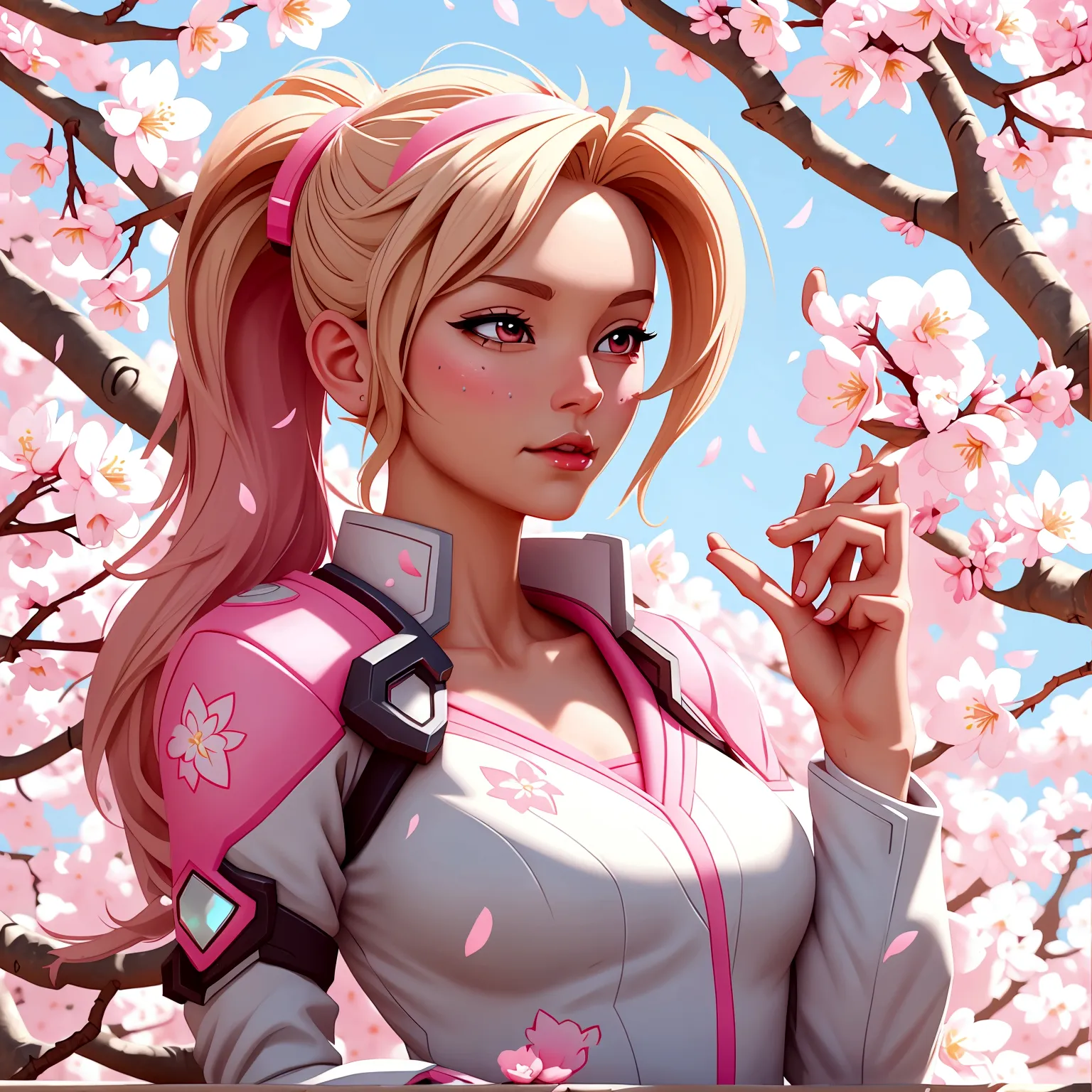 Pink mercy from overwatch surrounded by cherry blossoms