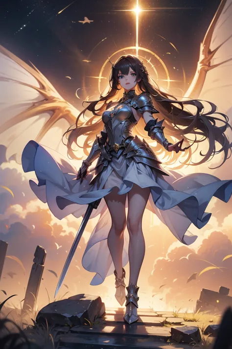 Full body shot of a fearless paladin with unparalleled beauty, featuring long, dark hair and striking blue eyes. She wears intri...