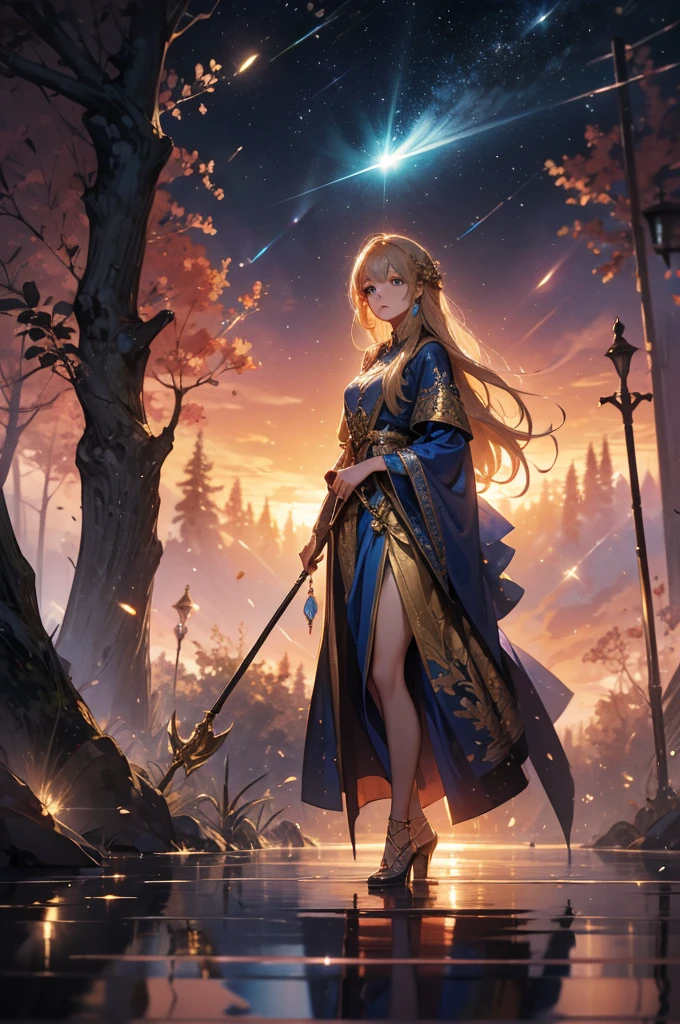 A stunning artwork of a majestic female character standing in an enchanting, mystical landscape. The full-body view showcases her in stylish and unique clothes of gold and purple, exuding an aura of elegance and power. Her long, flowing golden hair frames a face of regal beauty, highlighted by light blue eyes that radiate wisdom and an otherworldly charm. She holds a magic staff, intricately designed and glowing with mystical energy, adding to her majestic presence.

The scenery around her is a fantastical forest bathed in twilight, with towering ancient trees and luminescent flora. A serene river flows nearby, reflecting the soft glow of a setting sun. Fireflies and ethereal lights float in the air, enhancing the magical atmosphere of this tranquil setting.