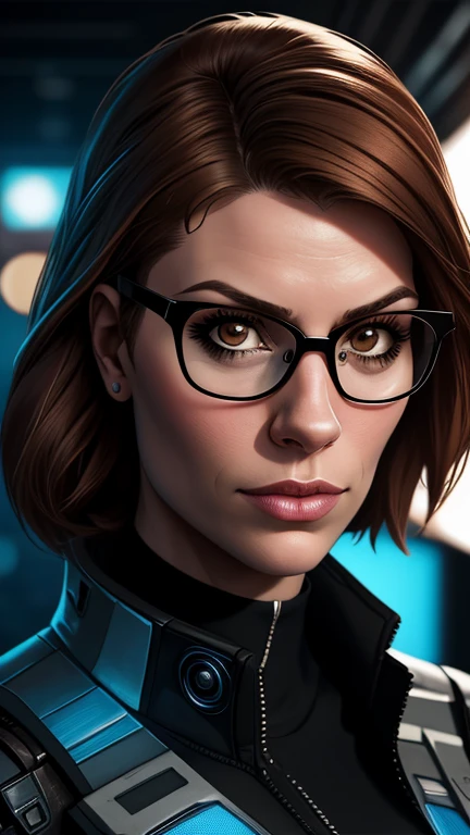 (cyberpunk military scientist:1) (1woman) dark theme :: focus on closeup face, curious face, Katee Sackhoff face, ultra realistic futuristic cyberpunk tall athletic woman, :: medium brown hair, futuristic glasses nerd :: inside cyberpunk office :: brown eyes :: natural lighting :: bokeh :: 8k :: best quality :: masterpiece :: insanely detailed:1.5