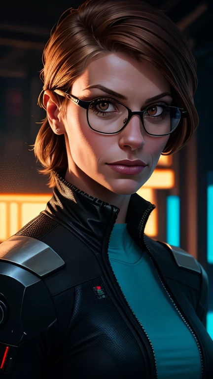 (cyberpunk military scientist:1) (1woman) dark theme :: focus on closeup face, curious face, Katee Sackhoff face, ultra realistic futuristic cyberpunk tall athletic woman, :: medium brown hair, futuristic glasses nerd :: inside cyberpunk office :: brown eyes :: natural lighting :: bokeh :: 8k :: best quality :: masterpiece :: insanely detailed:1.5