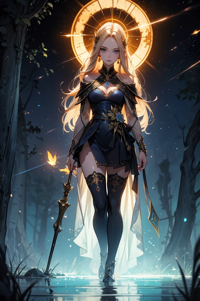 (((masterpiece, highest quality, 8k)))A stunning artwork of a majestic female character standing in an enchanting, mystical landscape. The full-body view showcases her in stylish and unique clothes of gold and purple, exuding an aura of elegance and power. Her long, flowing golden hair frames a face of regal beauty,((perfect face)) highlighted by light blue eyes that radiate wisdom and an otherworldly charm. She holds a magic staff, intricately designed and glowing with mystical energy, adding to her majestic presence. The scenery around her is a fantastical forest bathed in twilight, with towering ancient trees and luminescent flora. A serene river flows nearby, reflecting the soft glow of a setting sun. Fireflies and ethereal lights float in the air, enhancing the magical atmosphere of this tranquil setting.