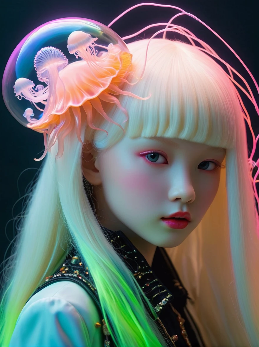 Neon, Sign made of glowing neon glass，Transparent Neon Material，Gloss，Refraction Details，Albino girl，Longbearded jellyfish on the head，Long hair doll，(Long skirt made of glowing neon thread:1.5)，Renaissance，Baroque，Psychedelic，romantic，neon palette, pale color, 1nhdg1