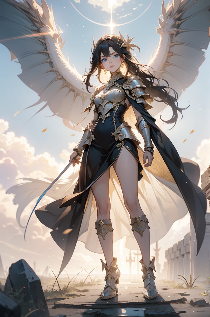 Full body shot of a fearless paladin with unparalleled beauty, featuring long, dark hair and striking blue eyes. She wears intricately designed draconic armor that glimmers with a mystical aura. Her armor is adorned with dragon scales and ornate patterns, giving it both an imposing and elegant appearance. In her hand, she wields a magnificent sword, the blade shimmering with a divine light, etched with runes of power. She stands in a majestic, celestial landscape, with radiant light filtering through the clouds, casting a holy glow upon her. The ground beneath her is a mix of ancient stones and sacred symbols, glowing softly as if infused with holy energy. Surrounding her are ethereal figures in shades of gold and white, their presence adding to the divine ambiance. The background features towering, ancient ruins and magnificent, skyward-reaching structures, hinting at a grand, heavenly stronghold. The scene is inspiring and powerful, with her face showing a serene yet determined expression, her eyes locked onto her noble mission. [Best quality], [Masterpiece], [Ultra-detailed], [4k], {inspiring|majestic} atmosphere, celestial landscape, {dynamic pose|noble stance}, radiant illumination, {soft shadows|divine lighting}, {glowing ancient stones:0.7}, {ethereal figures:0.6}, {heavenly architecture:0.5}, {towering ruins:0.4}, {skyward-reaching structures:0.3}.