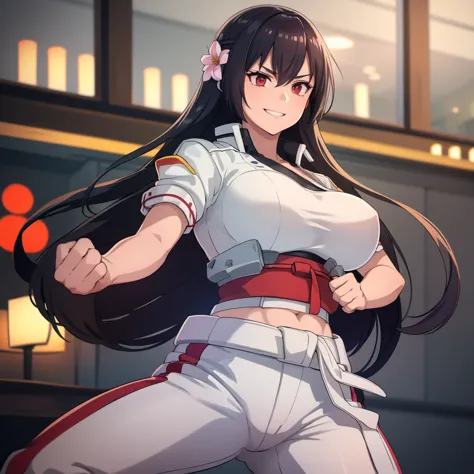 a woman wearing a white karate outfit, black belt around her waist, in a combat stance, smiling, in a japanese dojo, long black ...