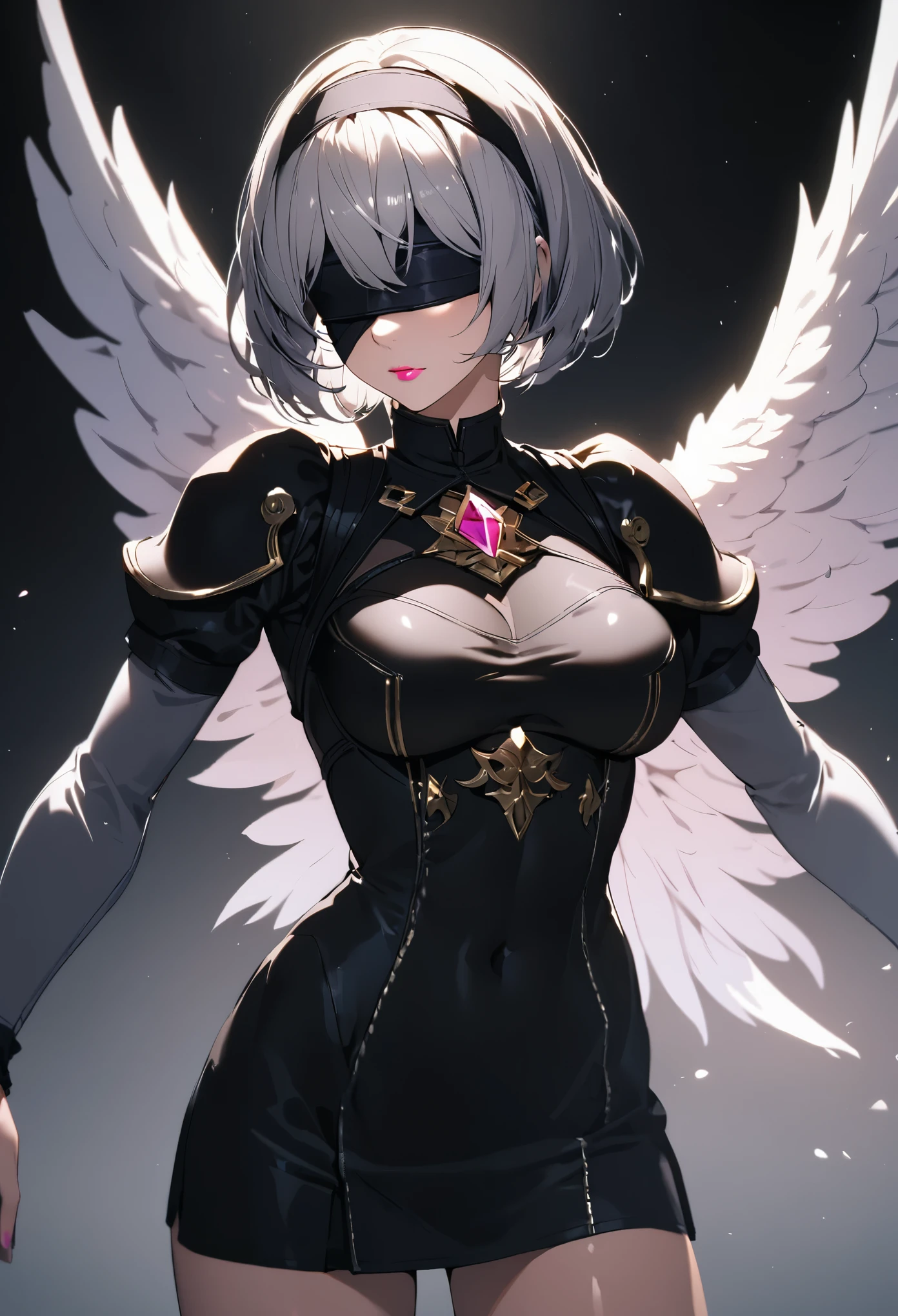 (One girl, alone, alone), (yorha no.2 Type B, 2B, One girl, alone, short hair, Gray Hair, hair band, Blindfold, eyes covered, black Blindfold), ((alone, (1 Female,Pink lipstick), Very detailed , Soft indirect lighting, 4K, Perfect Eyes, Perfect Face, Perfect lighting, The first girl)), ((Fitness, , Shapely body, huge firm bouncing bust)) , ((armor, Black Skirt, Black Swimsuit, Bodysuits, Gold Detail, gem, diamond, Emerald, sapphire, Ruby, amethyst, High heels, More Silver, Angel, Angelic, wing, Angel wing, Magi, fire, Casting a Spell, Shapely abdomen, Muscular abdomen))