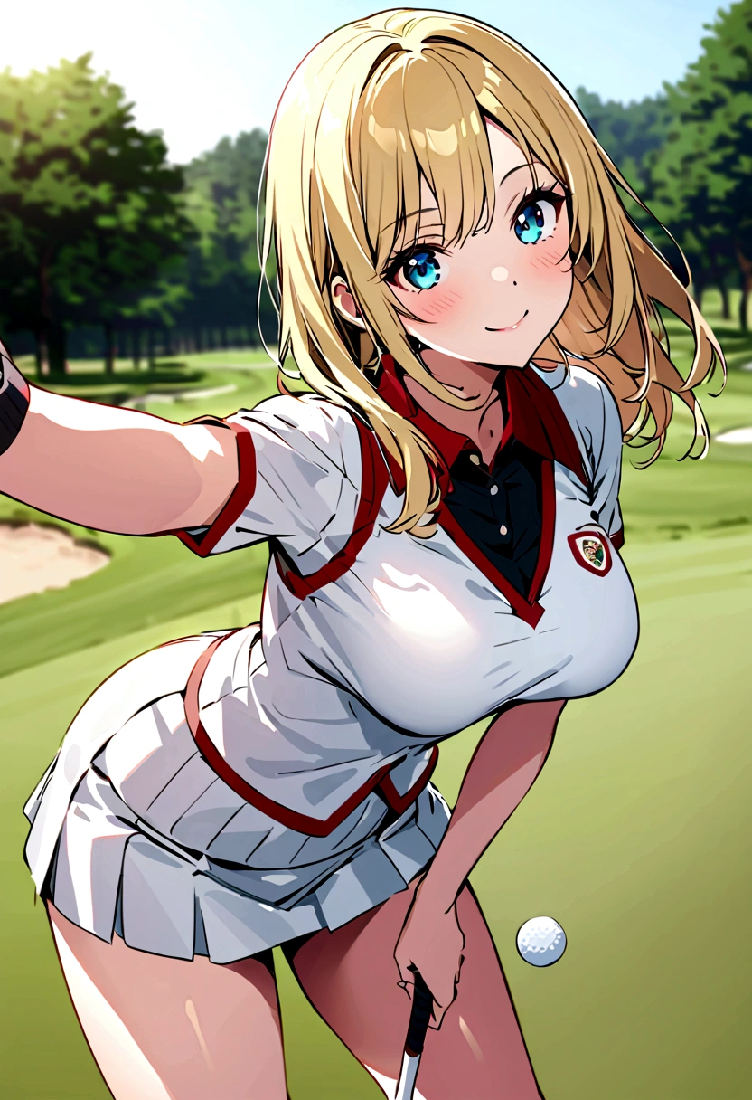 sound　High resolution　The beauty of 8k　Woman playing golf　Golf course　Beautiful woman　semi-long　blonde　white　Golf Wear　mini skirt　smile　　Looking into the camera　nice shot