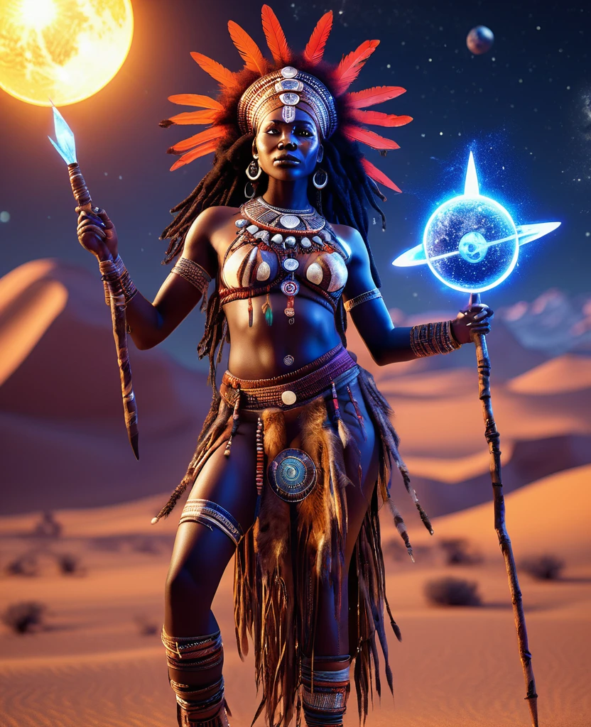 Ganzkörperaufnahme einer afrikanischen Schamanin in einem afrikanisch gestalteten Kleid aus Häuten und Fellen, einen leuchtenden Stab halten, die Sonnenplaneten Sternzeichen im Hintergrund, 32k, Ultra HD, Unreal Engine gerendert, hyperrealistisches Bild, Planetensternzeichen leuchten mit filmischem Licht und bieten eine magische und fantasievolle Kulisse. 