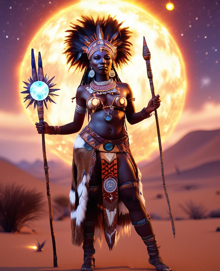 Full body shot of African shaman woman dressed in african designed dress made from hides and fur, holding a glowing stick, the solar planet star signs in the background, 32k, ultra HD, unreal engine rendered, hyper-realistic image, planet star signs shining with cinematic light providing a magical and fantasy scenery. 