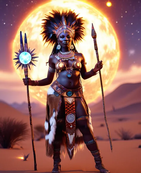 Full body shot of African shaman woman dressed in african designed dress made from hides and fur, holding a glowing stick, the s...
