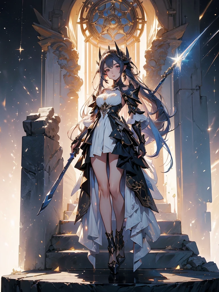 Design a layout showcase Gaming character, (1girl). Golden+Purle clothes, stylish and unique, ((showcase weapon:1.4)), magic staff, (masterpiece:1.2), (best quality), 4k, ultra-detailed, (Step by step design, layout art:1.5), (luminous lighting, atmospheric lighting), magican, ((glove full hands)), (((revealing clothes:1.3))), vambraces, armored legwear, (((full_body_shot:1.4)))