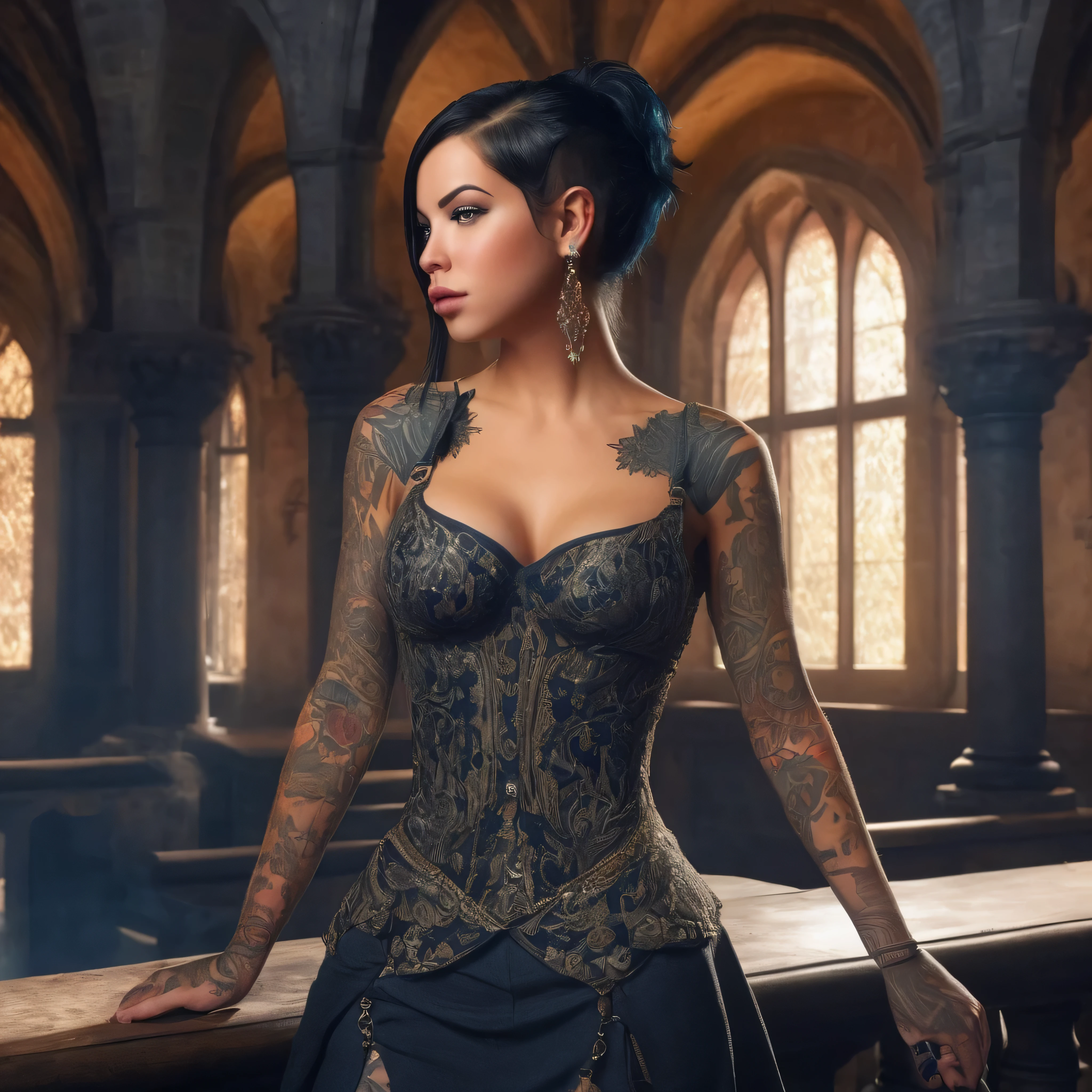 Prompt: "black hair, princess, frills, standing, short hair, featuring Laurence Bedard with her signature tattoos, in a medieval castle, High detail, 8k resolution, vivid colors