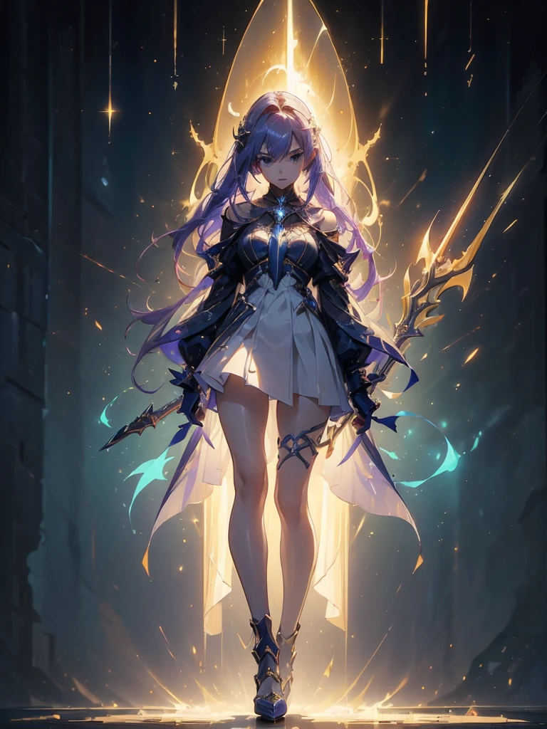 Design a layout showcase Gaming character, (1girl). Golden+Purle clothes, stylish and unique, ((showcase weapon:1.4)), magic staff, (masterpiece:1.2), (best quality), 4k, ultra-detailed, (Step by step design, layout art:1.5), (luminous lighting, atmospheric lighting), magican, ((glove full hands)), (((revealing clothes:1.3))), vambraces, armored legwear, (((full_body_shot:1.4)))
