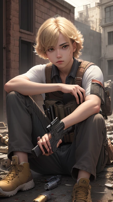 Best quality,masterpiece,ultra high res,(photorealistic:1.4)1girl,white background,solo,blood,arm guards,simple background,male focus,looking at viewer,black eyes,tabi,floating hairfull body,, (gun:1.3), holding gun, dirty blonde,,upper body,cargo shorts,sitting,