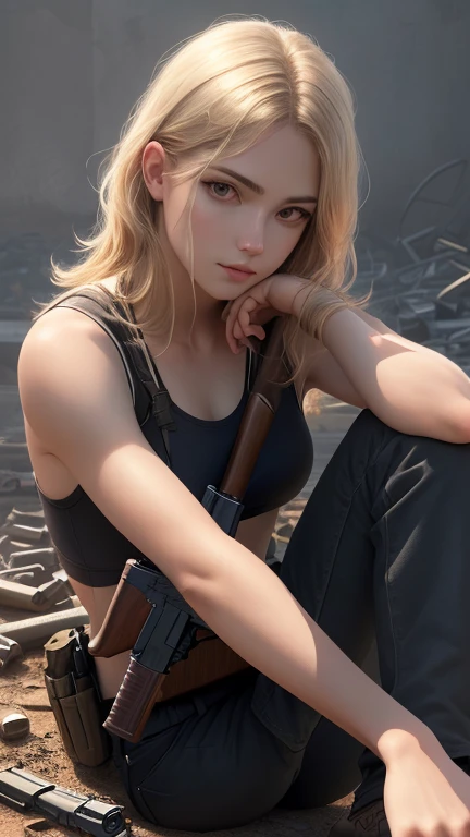 Best quality,masterpiece,ultra high res,(photorealistic:1.4)1girl,white background,solo,blood,arm guards,simple background,male focus,looking at viewer,black eyes,tabi,floating hairfull body,, (gun:1.3), holding gun, dirty blonde,,upper body,cargo shorts,sitting,