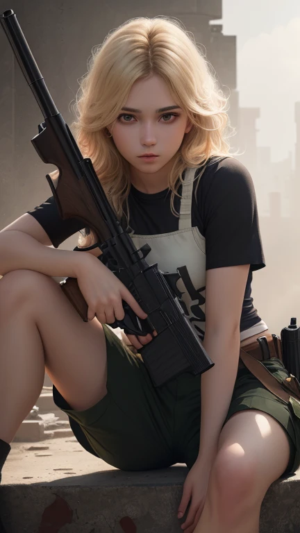 Best quality,masterpiece,ultra high res,(photorealistic:1.4)1girl,white background,solo,blood,arm guards,simple background,male focus,looking at viewer,black eyes,tabi,floating hairfull body,, (gun:1.3), holding gun, dirty blonde,,upper body,cargo shorts,sitting,