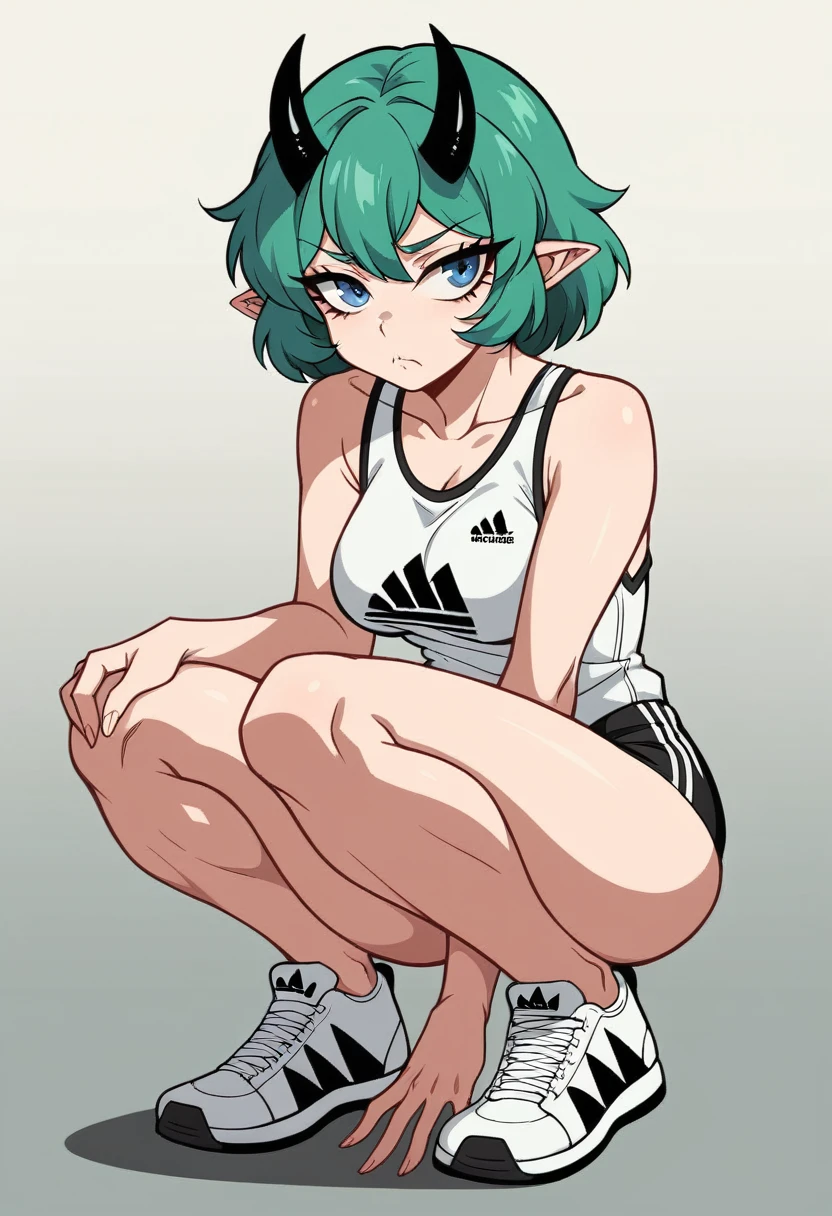 lum, solo, breasts, blue eyes, medium breasts, green hair, makeup, horns, white gradient background (girl Whole body :1.3), squatting legs, (beautiful detailed light blue eyes), the anatomy is correct, anatomically correct fingers, (Adidas Clothing), frown, fume, jitome, best quality, (masterpiece), (high quality), 16k, super detail, jhyd style, (ultra-detailed), (high resolution),
