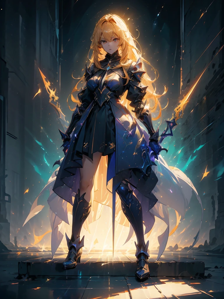 Design a layout showcase Gaming character, (1girl). Golden+Purle clothes, stylish and unique, ((showcase weapon:1.4)), magic staff, (masterpiece:1.2), (best quality), 4k, ultra-detailed, (Step by step design, layout art:1.5), (luminous lighting, atmospheric lighting), magican, ((glove full hands)), (((revealing clothes:1.3))), vambraces, armored legwear, (((full_body_shot:1.4)))