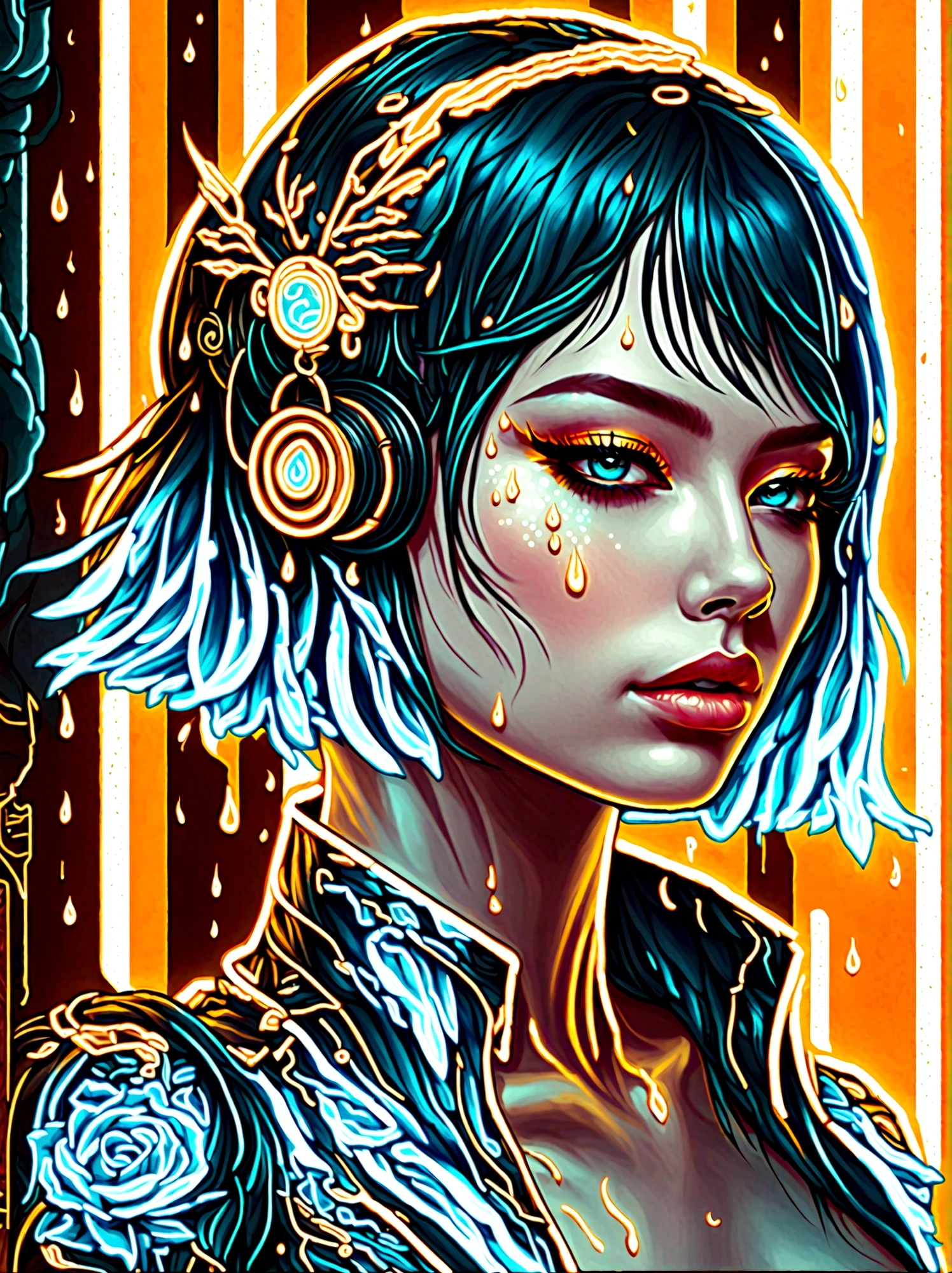 Neon, Glowing Neon, Cyberpunk girl profile，whole body像，Golden Light，Golden Raindrops，Blood stains the earth，Blue and white porcelain texture, (Body rainbow color Neon trail formation:1.3)，surreal，fantasy，Stunning，Vision，whole body