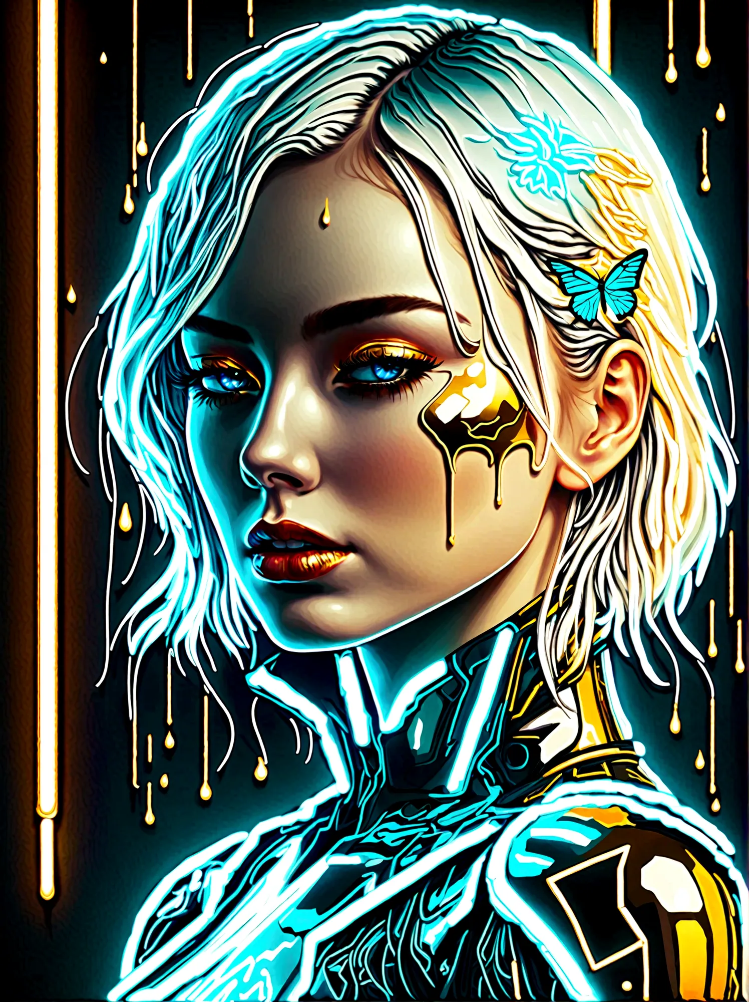 Neon, 发光的Neon, Cyberpunk girl profile，whole body像，Golden Light，Golden Raindrops，Blood stains the earth，Blue and white porcelain ...