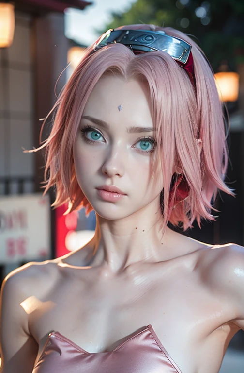 young woman, short shoulder-length pink hair, wide forehead, porcelain skin, pink eyebrows, big emerald green eyes, buttoned nose, full lips, heart-shaped face, slender body, small breasts, red tank top, Sakura Haruno , realistic, realism, details, 3d, well detailed
