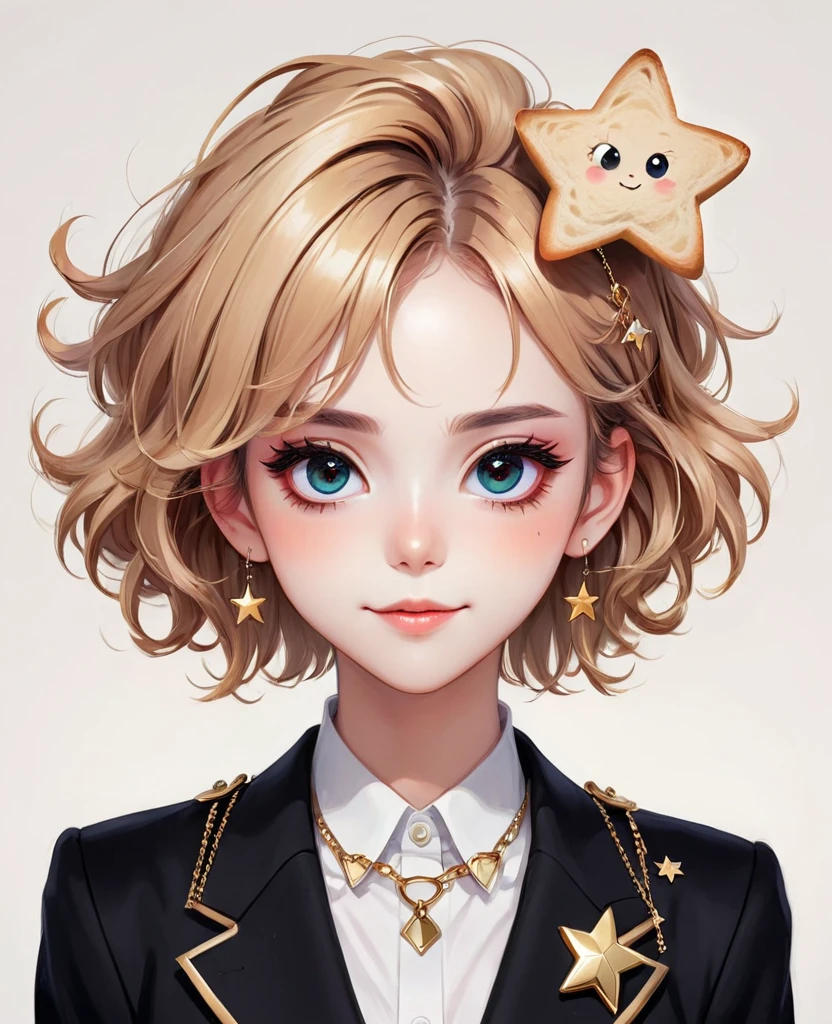 (illustration numérique，Portrait détaillé de fille de style anime，Solitaire，symétrie)，(De grands yeux colorés，Caractéristiques du visage à la mode et exquises，Maquillage exquis，doux sourire，Symbole étoile sur la joue，Regard émouvant，)，(Pain moelleux，épingle à cheveux)，(costume noir，Epaulette Chain，cool，)，Fond blanc propre et simple，(((corriger l&#39;anatomie humaine)))，ceinture，main