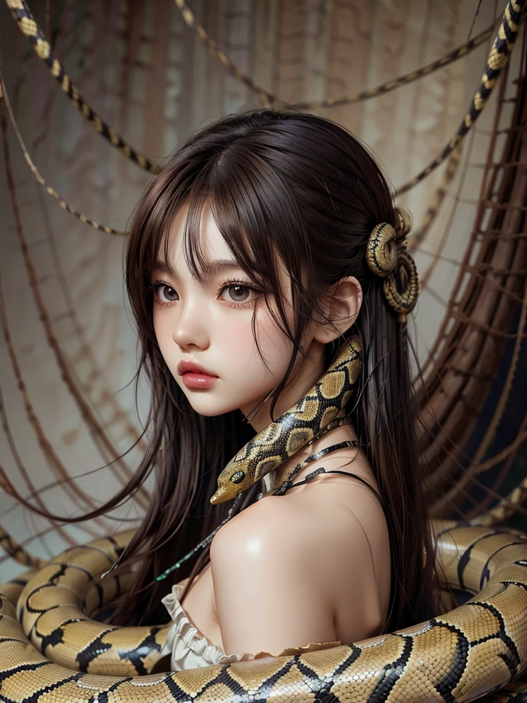 Anime girl with a snake around her neck, Her many snake-like hair, Snake Woman hybrid, Woman with a snake face, Snake Woman, Blending with snakes, The seeds of trend art, Snakes in hair, Serpent Queen, Hybrid human snake, by ヤン・J., Highly detailed artistic sprouts, Artgerm Style, rossdraws Sakimimi-chan, Detailed digital anime art