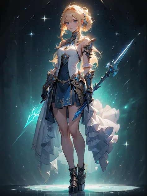 Design a layout showcase Gaming character, (1girl). Golden+Purle clothes, stylish and unique, ((showcase weapon:1.4)), magic sta...