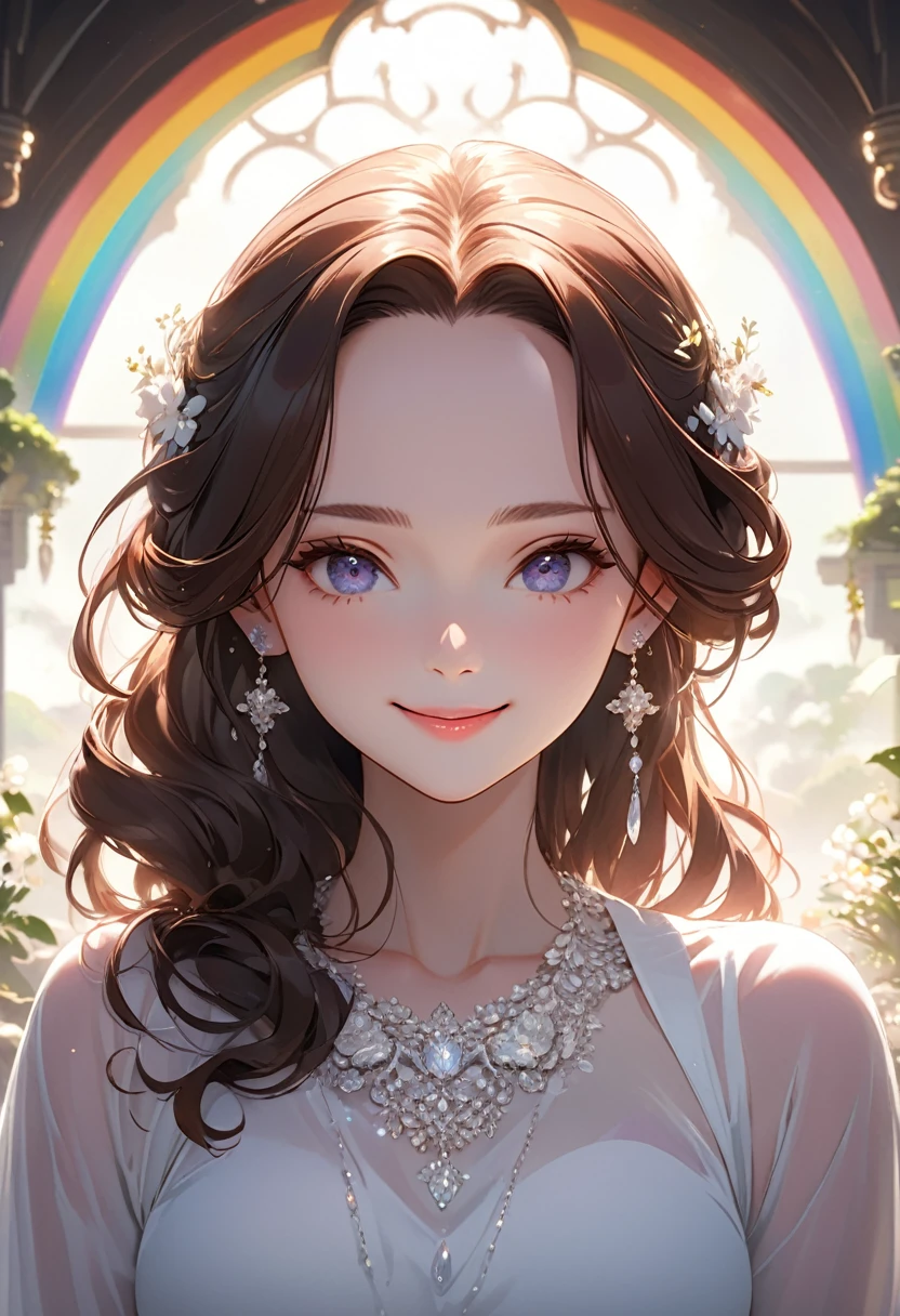 ((masterpiece)), Very detailed,(((ultra detailed face))),best quality, 8k, (柔Light), Light, 1 lady, facing the camera,brown hair, forehead,elegant, Comfortable, Clean and detailed anime art, Trending on artstart, rainbow colors, milky white,  illuminate warmly, (pink and white theme),big smile,sanctuary