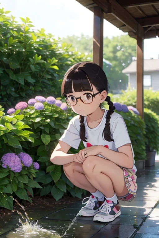 Squats and，，Droopy eyes，Baby Face，Round face，Big round eyes，Thick eyebrows，Droopy eyes, Braiding, Short Pigtails, Blunt bangs，Black Hair，Glasses，Brown eyes，Residential Park，positive，Thin thighs，to you，shy，Sunny day in the rainy season，A lot of hydrangea，sneakers， Flower-like scent, Playing with cats，Urinating，