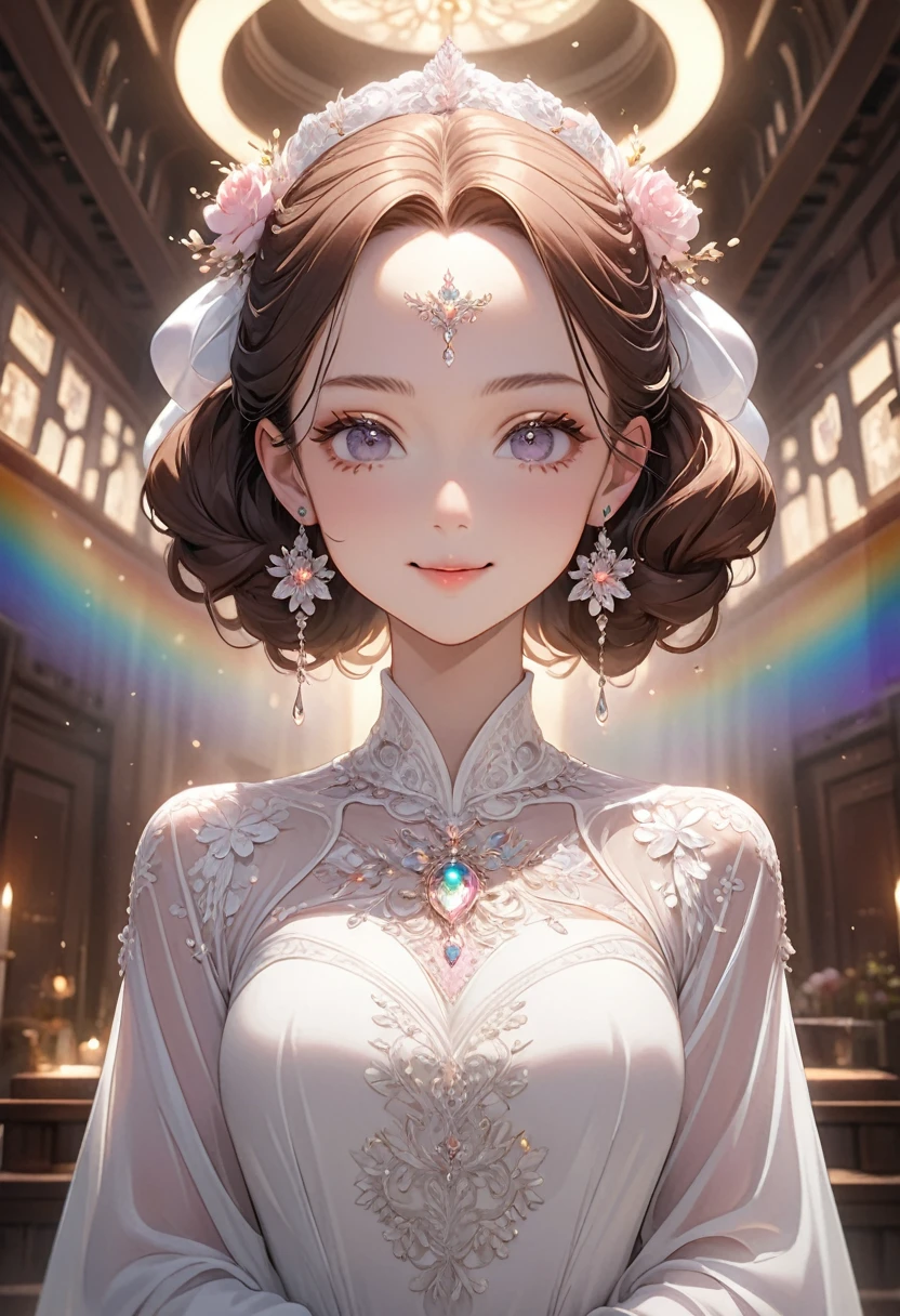 ((masterpiece)), Very detailed,(((ultra detailed face))),best quality, 8k, (柔Light), Light, 1 lady, facing the camera,brown hair, forehead,elegant, Comfortable, Clean and detailed anime art, Trending on artstart, rainbow colors, milky white,  illuminate warmly, (pink and white theme),big smile,sanctuary