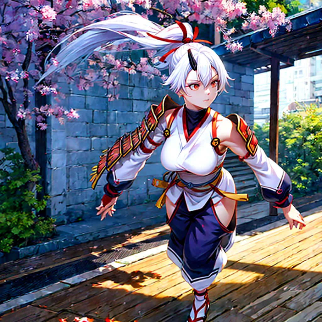 a woman wearing a white sleeveless samurai shirt, an orange samurai shoulder pad, dark blue samurai pants, white hair, ponytail hair, orange eyes, walking in an open area with a concrete floor, several sakura trees in the background, sakura leaves spreading around the place.HDR, ultra resolution, well defined, masterpiece, 8K HD. (solo woman)
