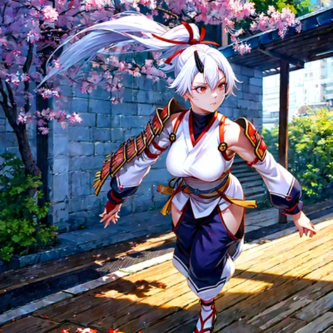 a woman wearing a white sleeveless samurai shirt, an orange samurai shoulder pad, dark blue samurai pants, white hair, ponytail ...