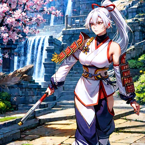 a woman wearing a white sleeveless samurai shirt, an orange samurai shoulder pad, dark blue samurai pants, white hair, ponytail ...