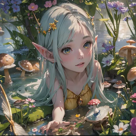 (best quality,4k,8k,highres,masterpiece:1.2),ultra-detailed,(realistic,photorealistic,photo-realistic:1.37)little elf, surrounde...