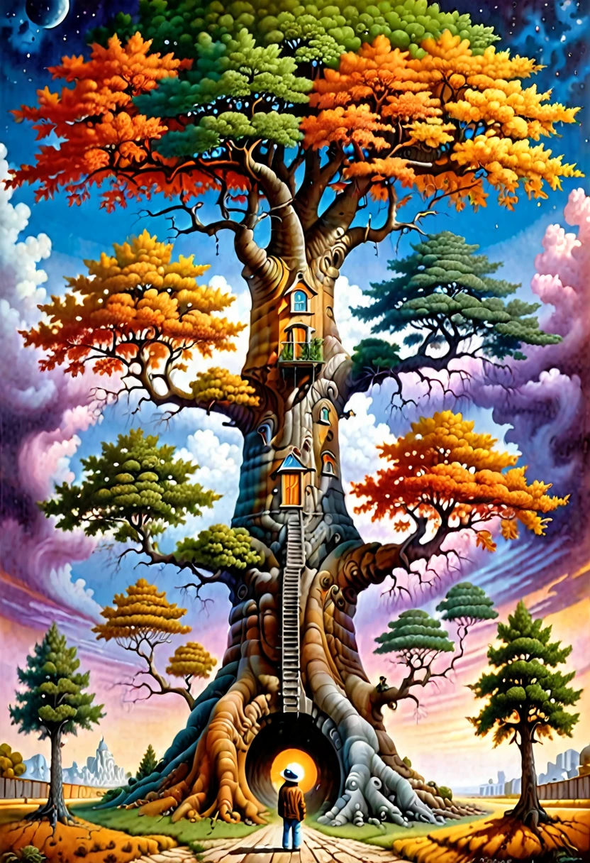 Da steht ein Mann vor einem großen Baum, ein surrealistisches Gemälde, inspiriert von Jacek Yerka, Gewinner des Shutterstock-Wettbewerbs, Pop-Surrealismus, jacek yerka and vladimir kush, Rob Gonsalves und Tim White, Jim Warren und Rob Gonsalves, Sylvain Sarrailh und Igor Morski, riesiger Baum, Rob McNaughton - Ein Leben ohne Kinder