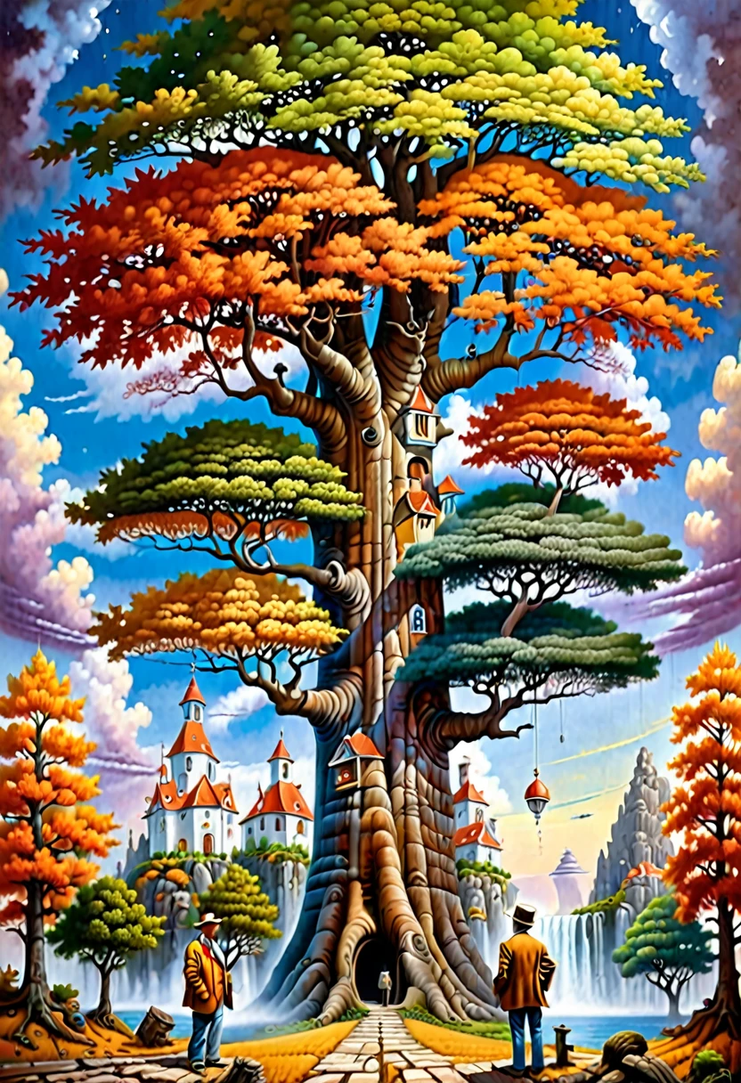 há um homem parado na frente de uma grande árvore, uma pintura surrealista inspirada em Jacek Yerka, vencedor do concurso shutterstock, Surrealismo pop, jacek yerka e vladimir kush, Rob Gonsalves e Tim White, Jim Warren e Rob Gonçalves, Sylvain Sarrailh e Igor Morski, árvore gigante, rob mcnaughton