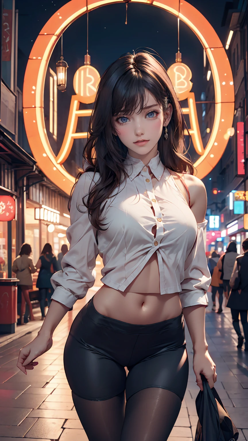 cute, woman, Sexy Face, Yellow Eyes, Gray Hair, The body is slim, Sexy pose, Pink tights, Mecha, Neon Signs, Leading the Night City, View from above, high quality, Realistic, Beautiful light, Full details, Black background、Mini length、Exposed thighs、smile