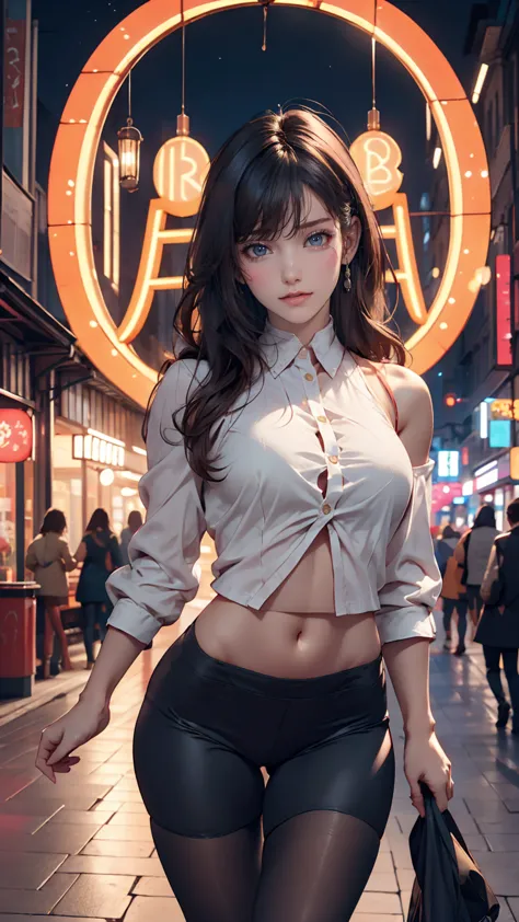 cute, woman, Sexy Face, Yellow Eyes, Gray Hair, The body is slim, Sexy pose, Pink tights, Mecha, Neon Signs, Leading the Night C...